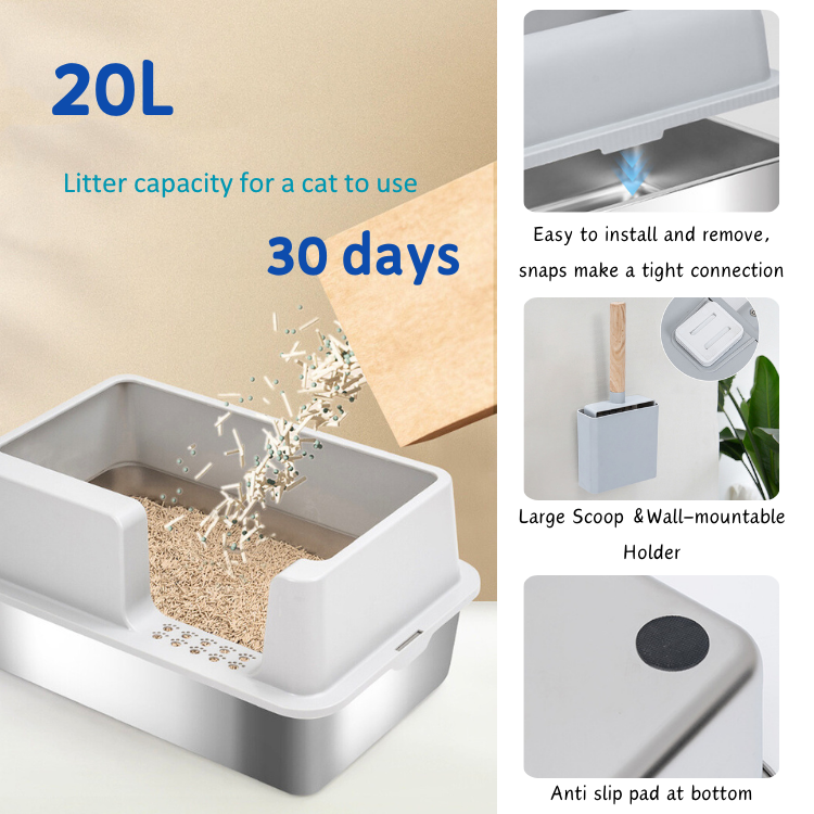 Odorless Metal Cat Toilet Pan Large Stainless Steel Litter Box wit High Side Lid