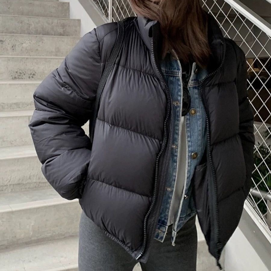 Fashion designer's new Fengkendou down for women, short, coffee colored, small, versatile, high waisted stand up collar bread jacket