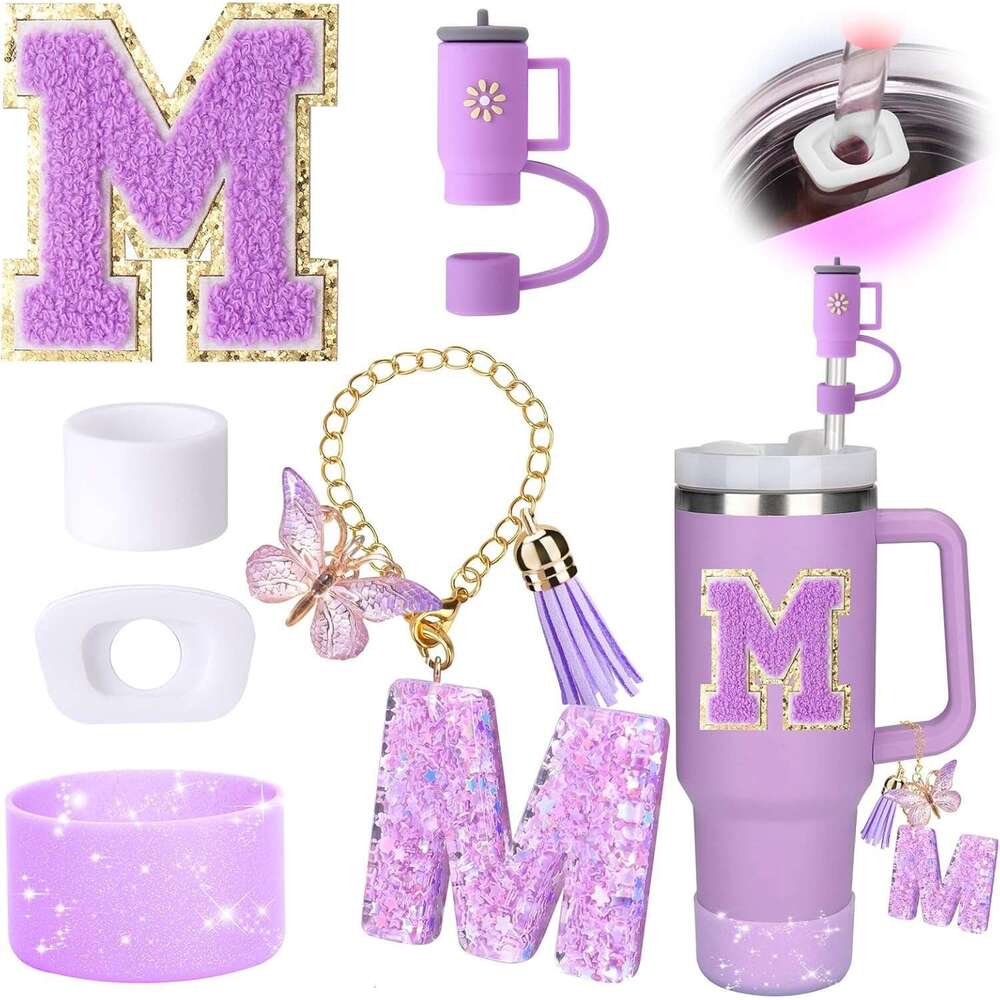 Purple 6-Piece Silicone Stanley Cup Accessories with Butterfly Glitter Letter Charms, Cup Sleeve, Letter Decals, and Straw Cap