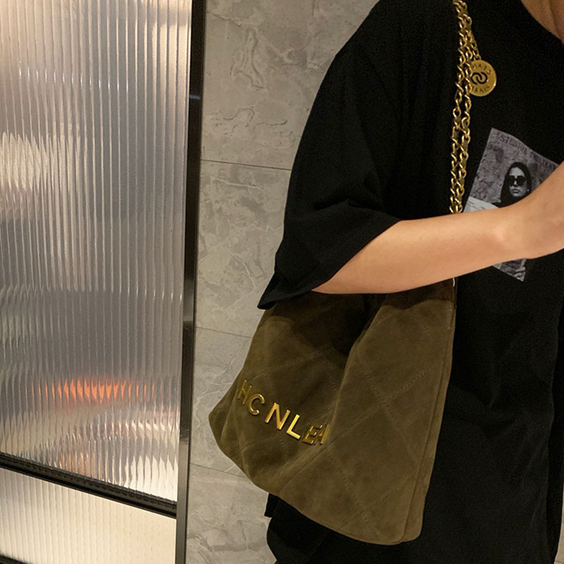 Women Genuine Leather Large Capacity Chain Ed Plaid Tote Suede Armpit Bucket Bag String