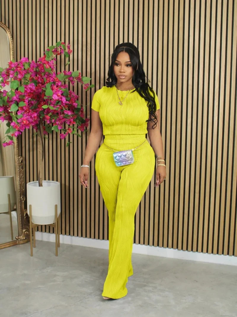 Women Solid Summer Ribbed 2 Piece Set Casual Tracksuits Short Sleeve Tshirts Tops Slim Flare Pants Fashion Outfit Suits 240423