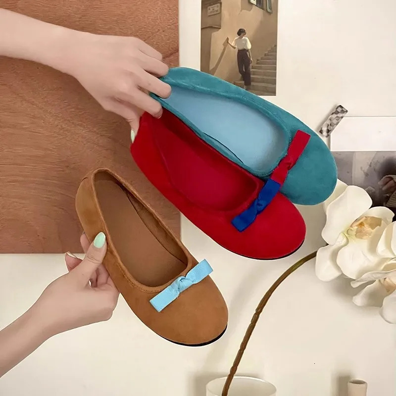 Elegant Bowknot Ballerina Women Flats Round Toe Comfort Slip-On Ladies Loafers Suede Single Mules Shoes for Woman Mary Janes 241125