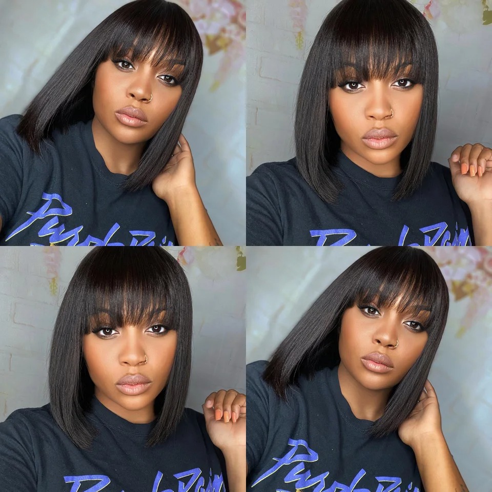 Short Glueless Human Hair Baby Straight Bob Wigs With Bang Hine Made Wig Perruque Cheveux Humainr BOBO Hair