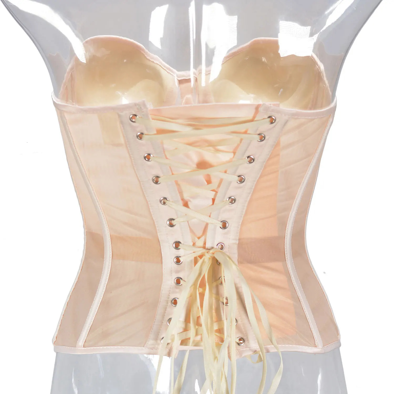 Abdominal Corset Double Layer Transparent Mesh Breathable Bustiers With Bra Lace Up Bones Bodices Beige XS TO 3XL For Dresses 241122