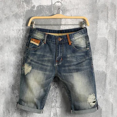 Summer Men Leather stitching Ripped Straight Jeans Short Fashion Casual Holes Bermuda Retro Cargo Denim jogger shorts 240422