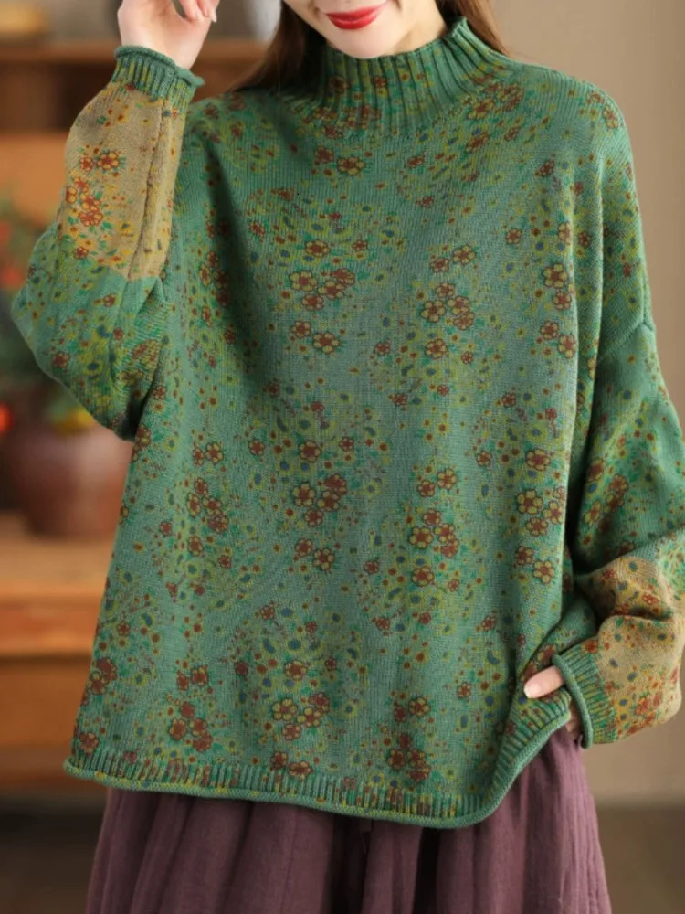 Johnature Women Pullover Sweaters Mock Neck Long Sleeve Patchwork Print Floral Spring Knitted Cotton 241122