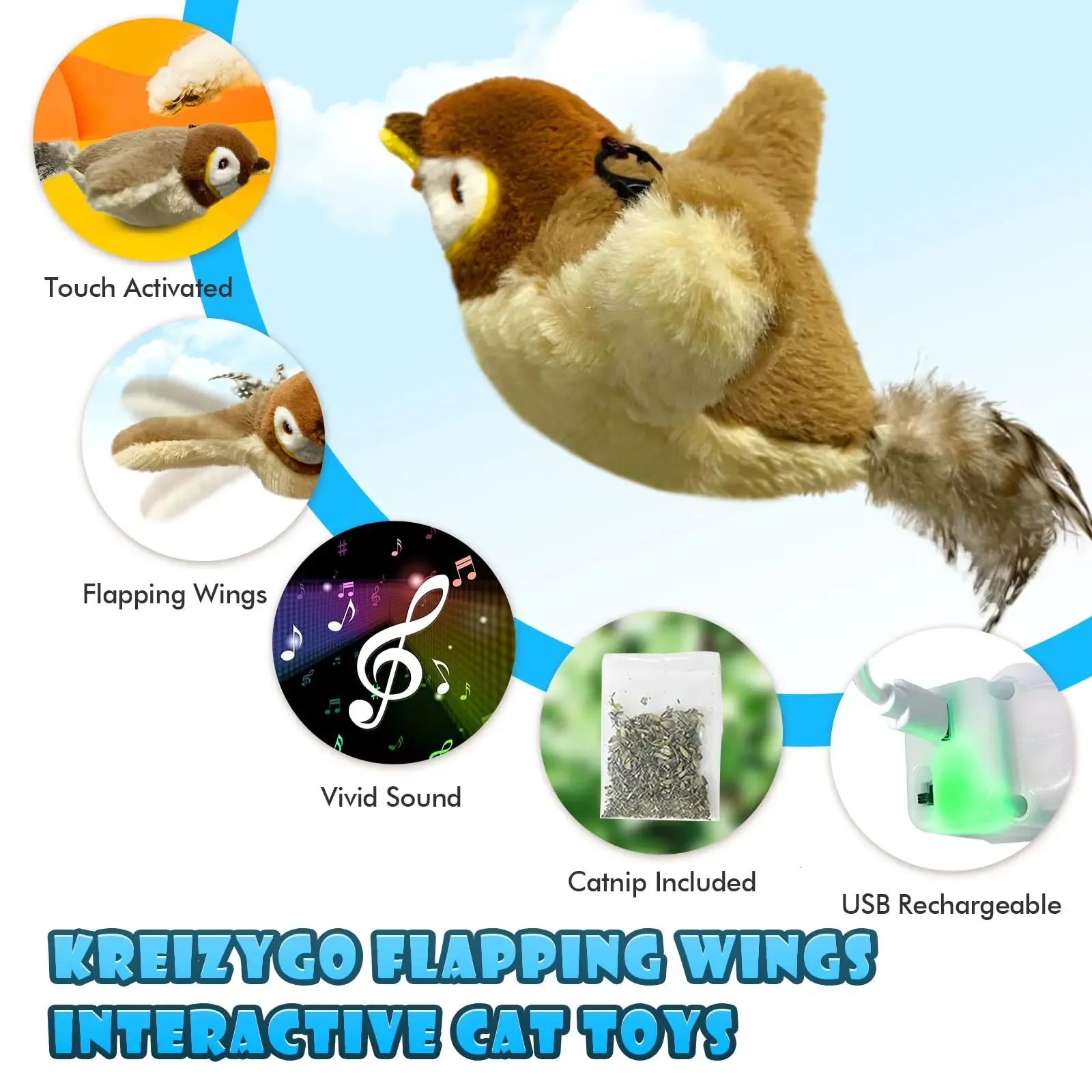 Interactive Cat ToyUSB Rechargeable Flying Bird Cat Toy with Lifelike ChirpingTouch Activated Catnip Toys for Kitty Exercise 241125