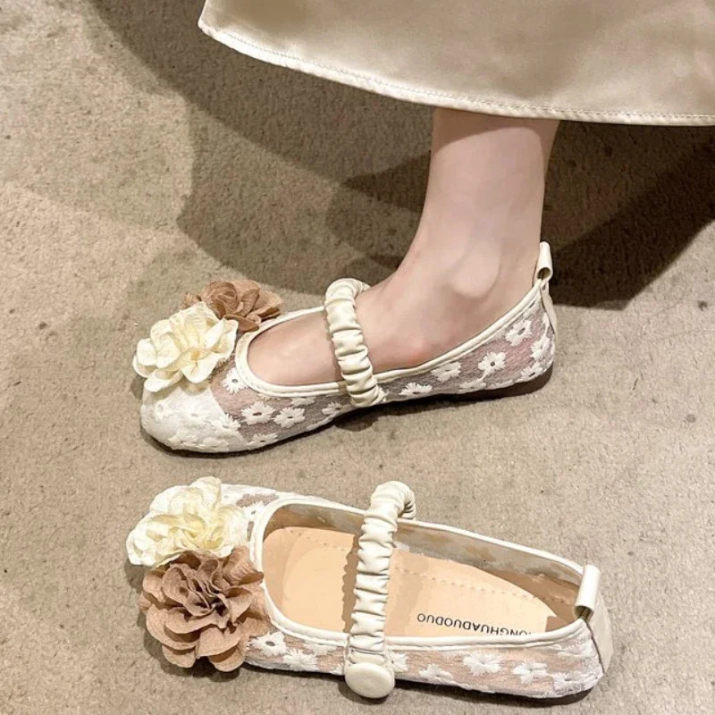 Flower Mesh Lace Flats Mary Janes Shoes Women Sandals Summer Dress Comfort Shoes Shallow Casual Zapatillas De Mujer 241125