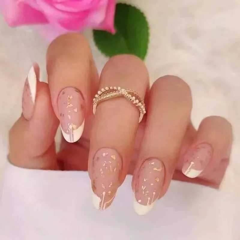 24 pieces of nude French fake nails white edges almond fake nail art fully covered detachable waterproof artificially pressed on nailsW241125
