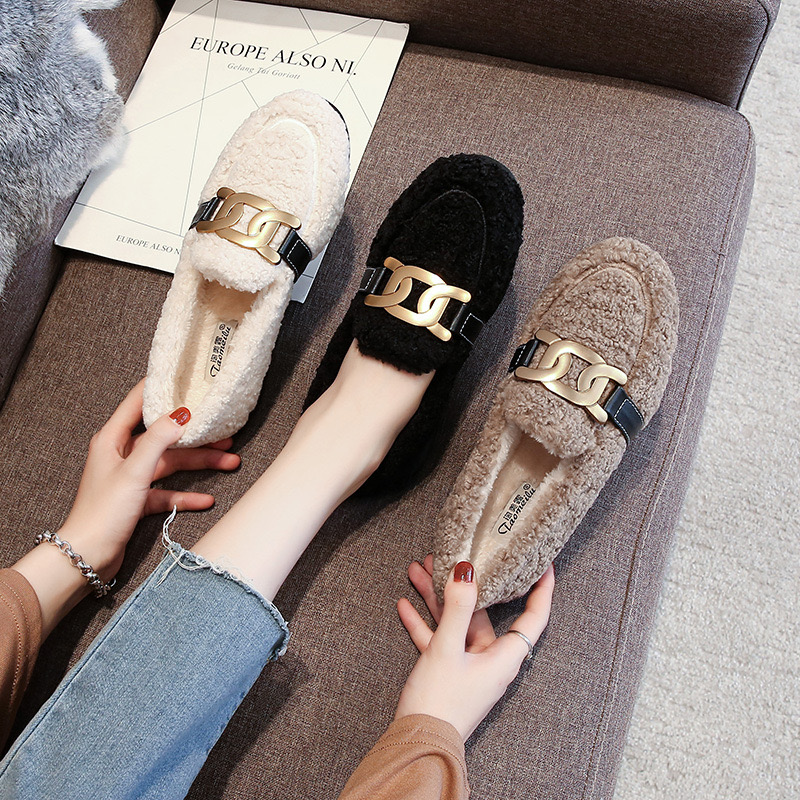 2023 Flats Brand Chain c72fa Women Wool Fur Winter Cotton Loafers Big Size 34-43 Warm Plush Mocasines Mink Hair Boat Shoes Femme