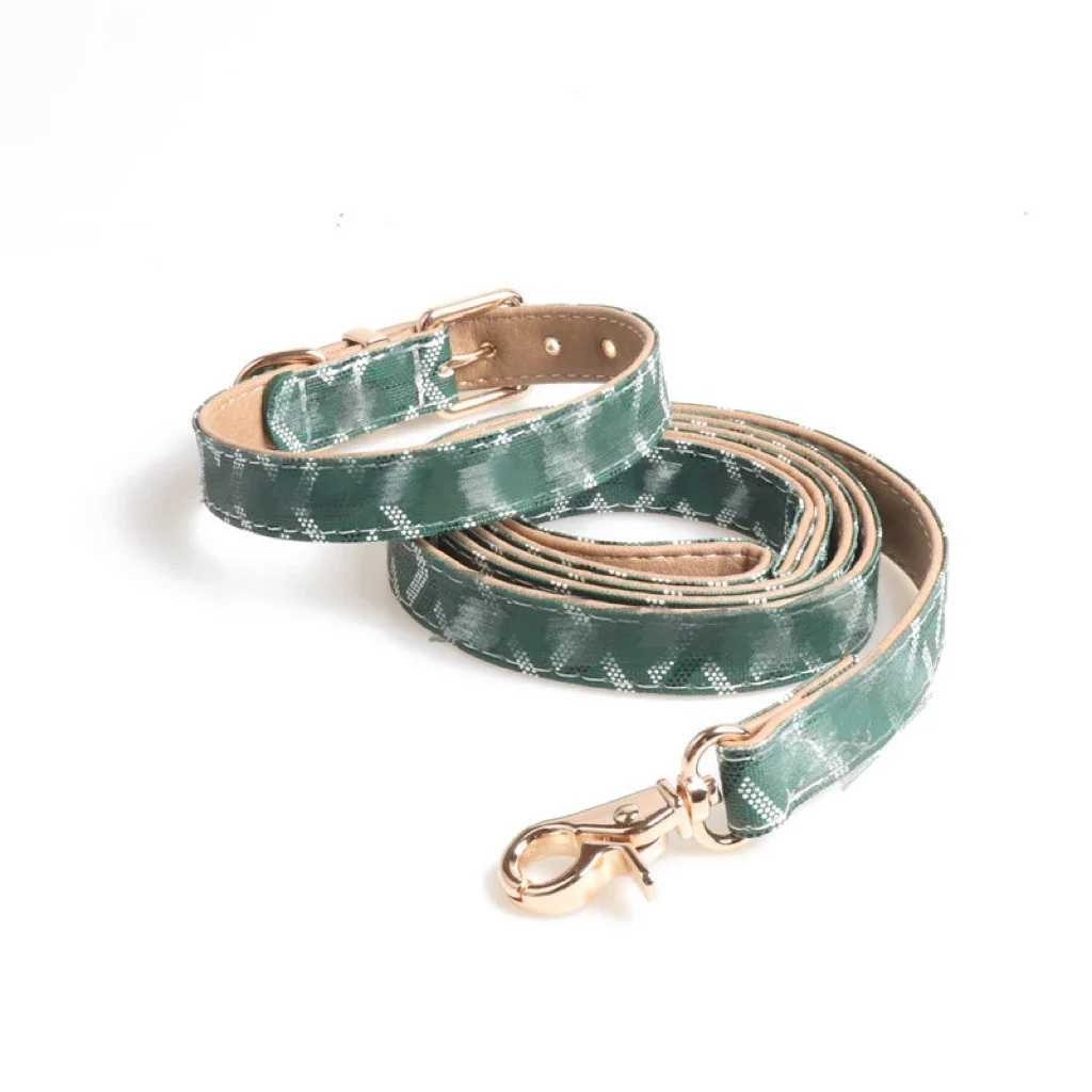 Pet accessories printed personalized retro PU leather dog collar with metal buckle cute dog leash set all year round X241125