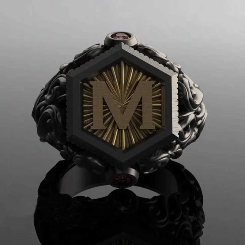 Band Rings Classic Retro Black Men Gold Color Carving M Letter Signet Steampunk for Birhday Gift Party Gothic Jewelry H240425