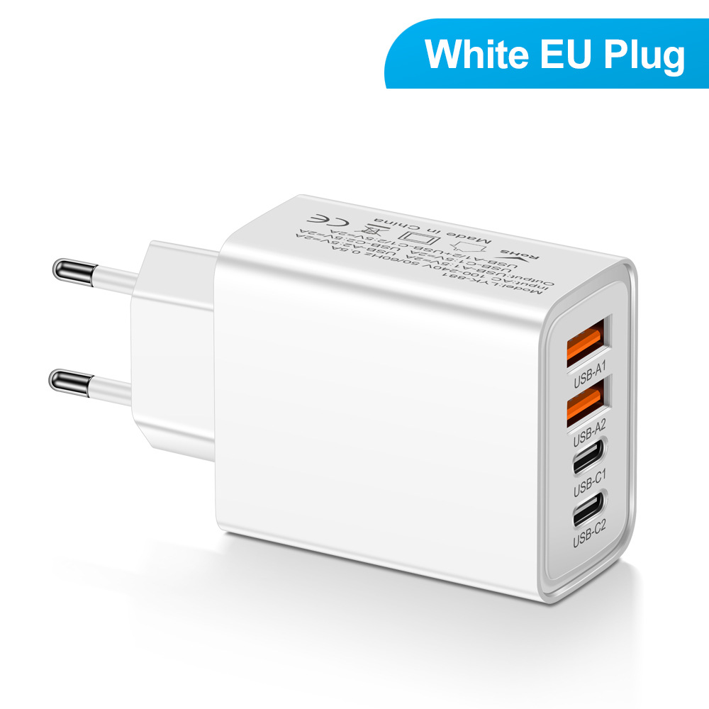40W 4-Port Block Charging Dual Type C Power Adapter+QC Double USB A Port Wall Plug Multiple Mobile Phone Charger for iPhone Samsung