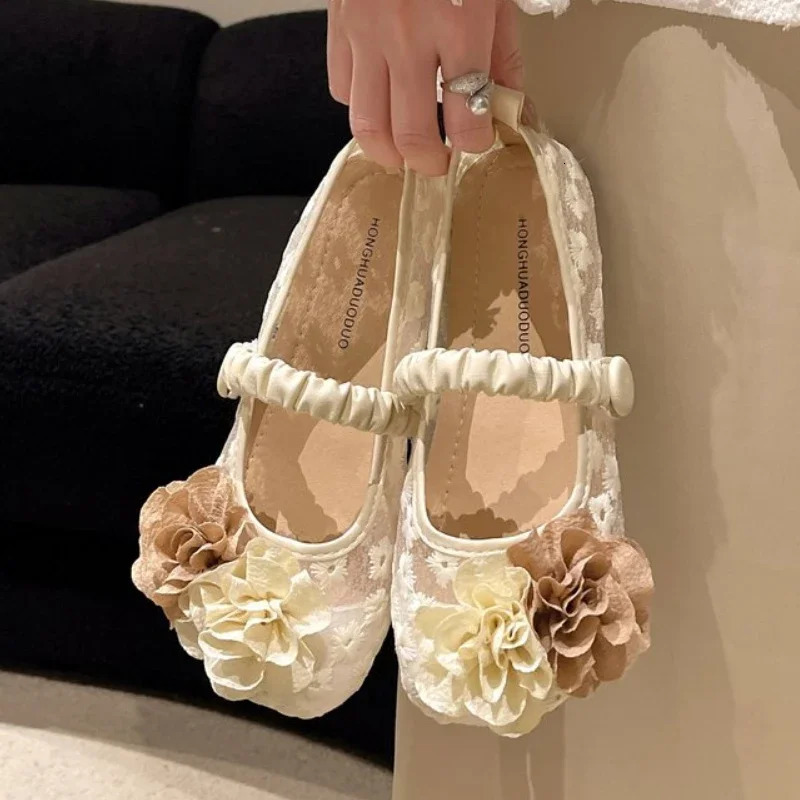 Flower Mesh Lace Flats Mary Janes Shoes Women Sandals Summer Dress Comfort Shoes Shallow Casual Zapatillas De Mujer 241125