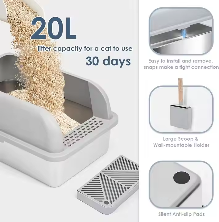 Durable Detachable Stainless Steel & Plastic Cat Litter Box Quick Accessibility Easy Clean Feature Pet Cleaning Toilet Accessory