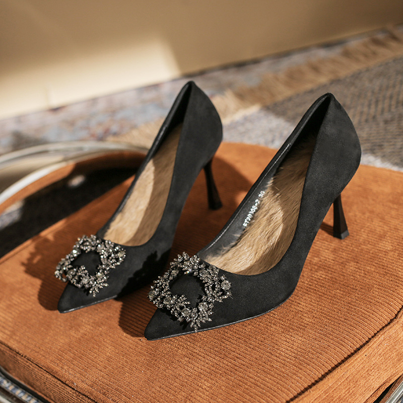 2023 buckle women suede leather pumps 6/8cm thin high heels wedding/party shoes escarpins femme EU35-39