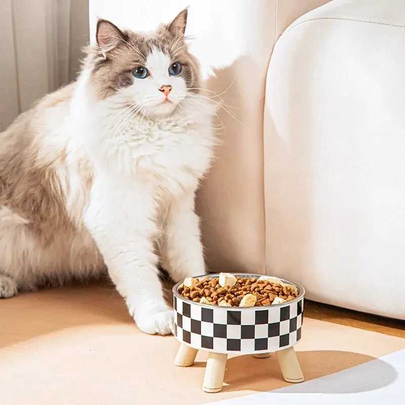 A Cat Bowl For Cats And Dogs Simple Polka-dot Stainless Steel Pet Tall Bowl Drinking Water Anti-overturn Water Bowl Food BasXJ241125