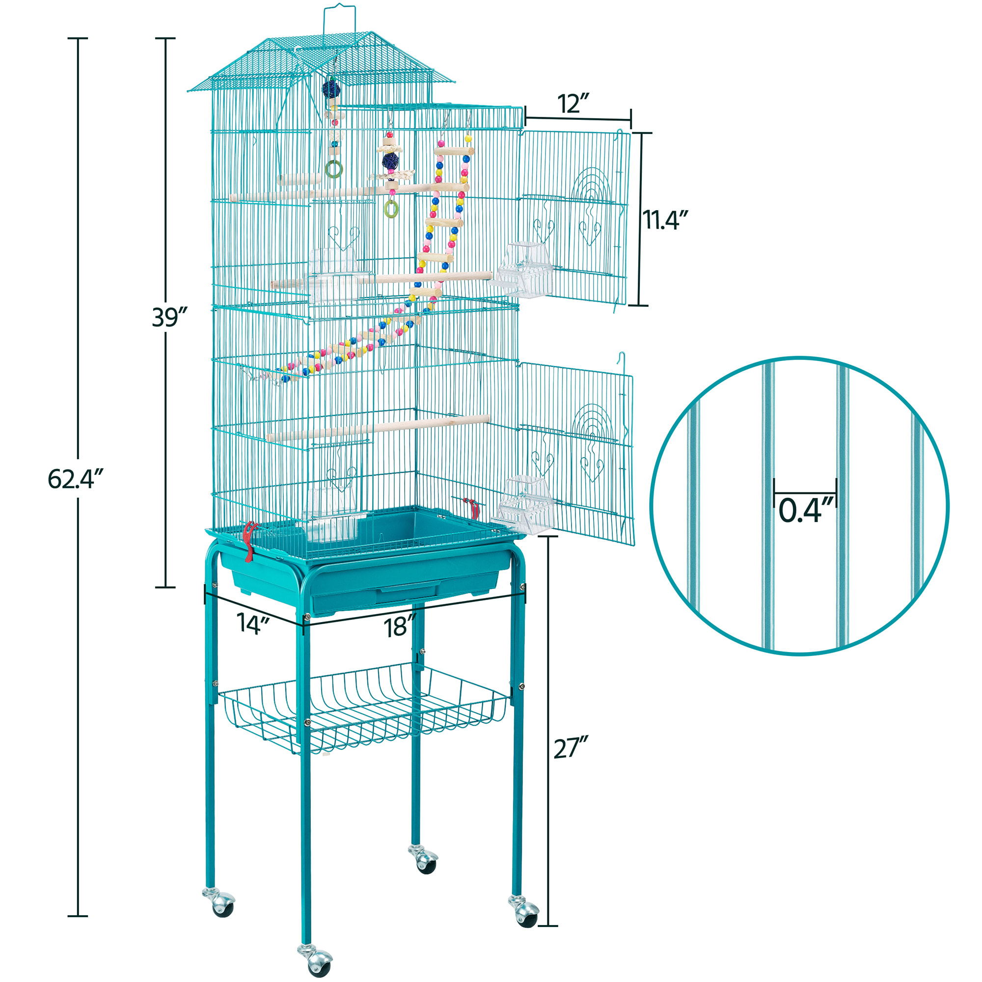 Topeakmart Teal Blue Metal Bird Cage with Ladder Toy and Rolling Detachable Stand, 62.4" H