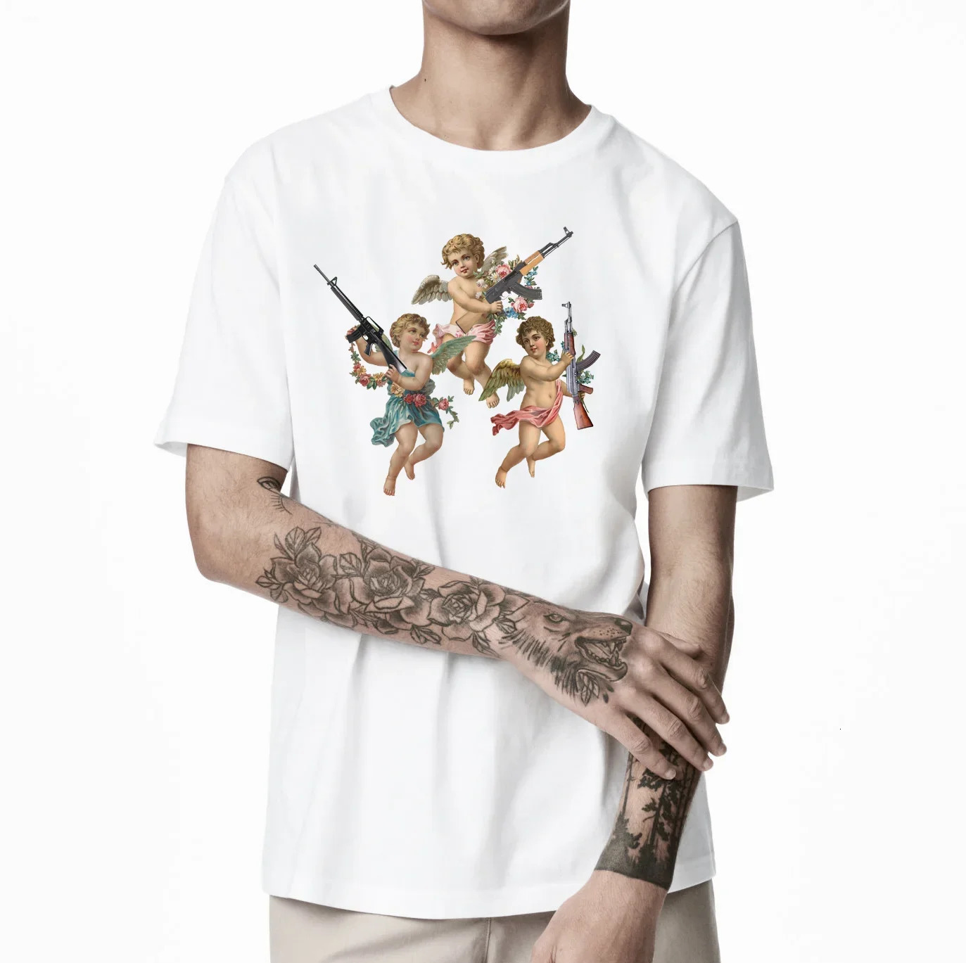 Funny AK-47 Angels with Guns T-Shirt 100% Cotton O-Neck Summer Short Sleeve Casual Mens T-shirt Size S-3XL 240424