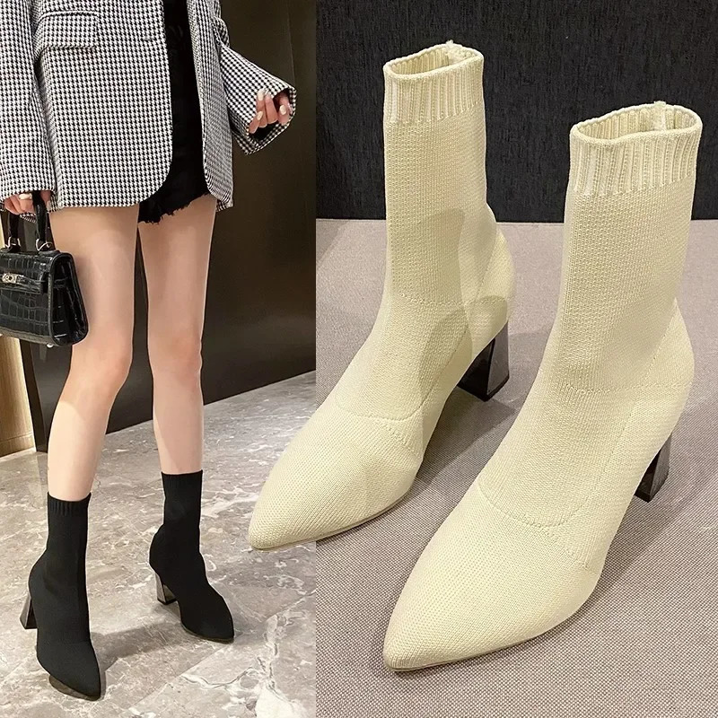 2024 Womens Pointed Fashion Slim Socks and Boots Casual Fashion Thick High Heel Socks and Boots 241125