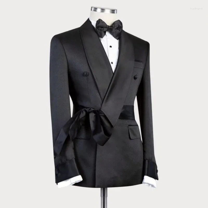 Men's Suits Fashion Shawl Lapel Men Jacket With Belt Elegant Solid Prom Party Banquet Coat Slim Formal Chic Groom Wedding Tuxedo Blazer