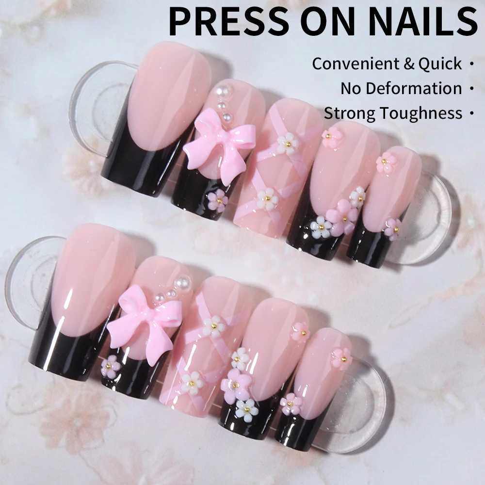 24 pieces of short and medium fake nails pink square nails 3D bow design Y2K pressed nails suitable for women and girls reusableW241125