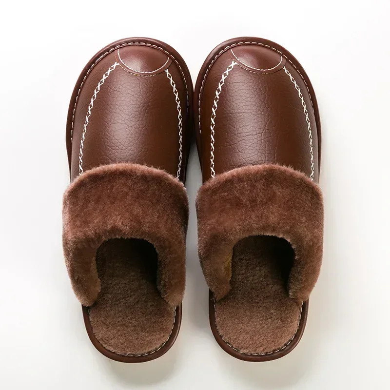 Men Winter Leather Slippers Bedroom Cotton Slippers Male Waterproof Thick Plus Velvet Indoor Warm House Home Slippers Shoes 241125