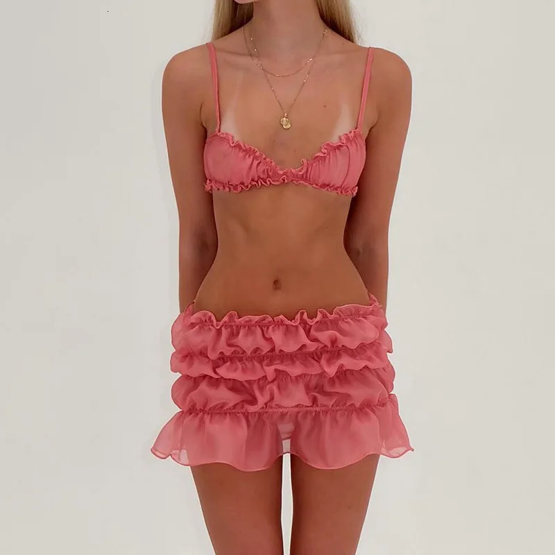 Y2K Ruffle Mini Skirt Set Red Spaghetti Strap Tops and Low Waist Outfits Women Summer Sexy Club Party Two Piece 240423