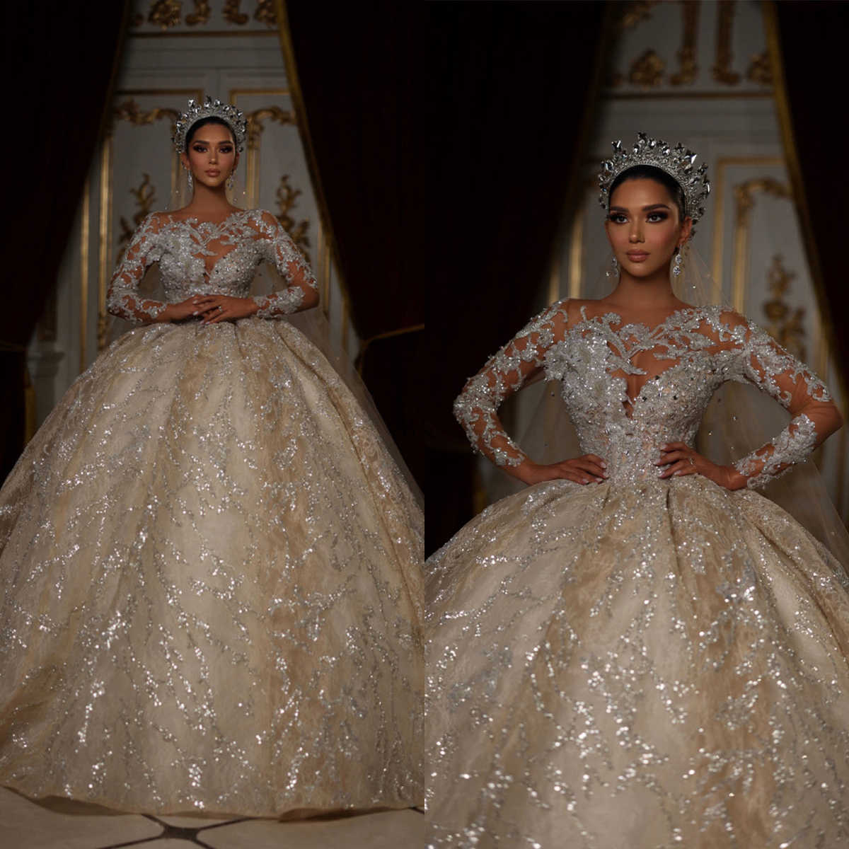 Luxury Ball Gown Wedding Dresses O-Neck Long Sleeve Sweep Train Lace-up Appliques Sequins Dress Lace Sparkly Plus Size Formal Bridal Gowns Custom Made