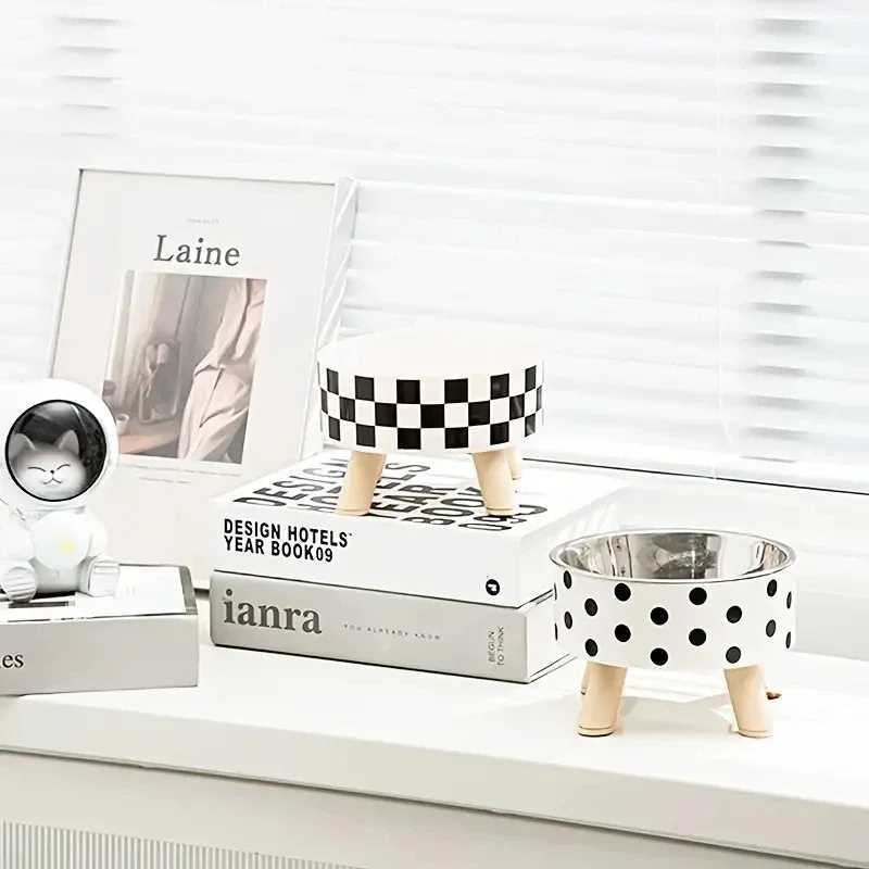 Pet bowl polka dot checkered high-legged cat bowl dog bowl heightened neck protection food and water pet suppliesXJ241125