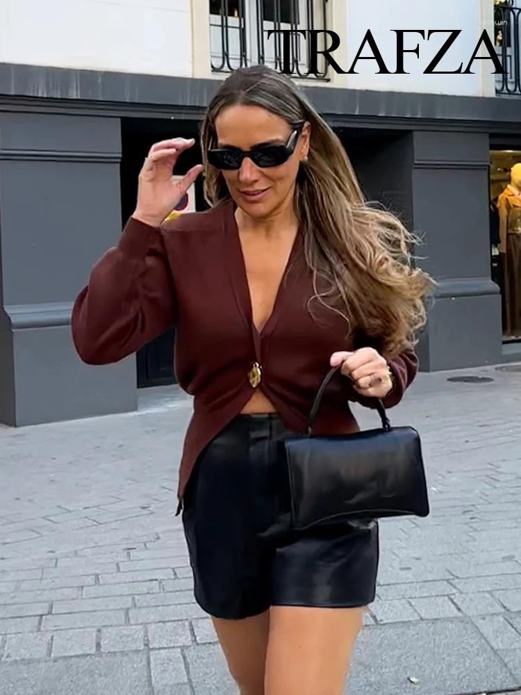 Women's Knits TRAFZA Women Autumn Single Button Deep V-Neck Knitted Cardigan Woman Elegant Long Sleeves Slim Casual Sweater High Street Coat
