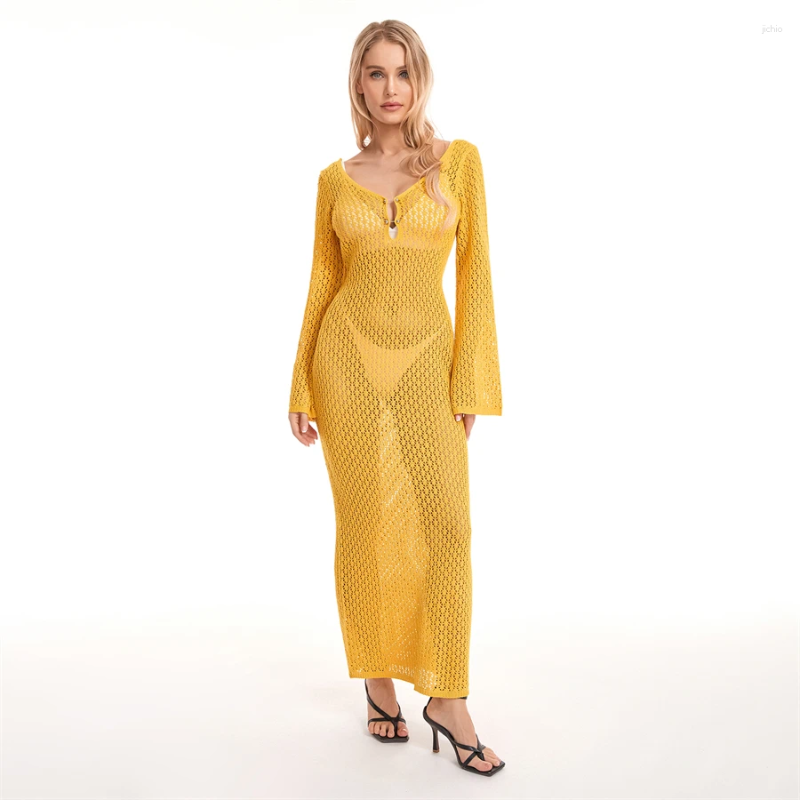 Backless Hollow Out Crochet Beach Long Dress Womens Sexy See-Through Sleeve V Neck Wrap Bodycon Bikini Cover-ups