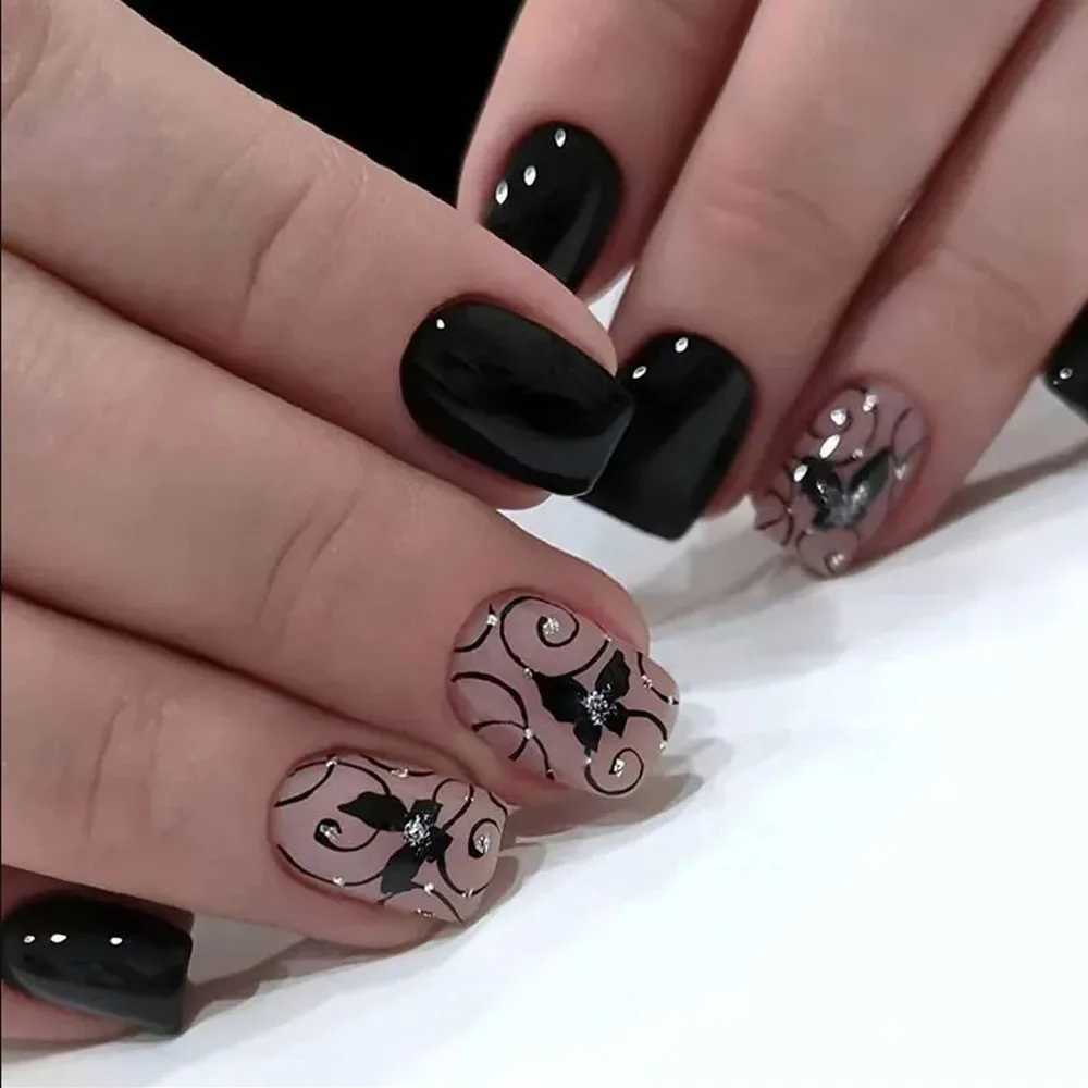Black Butterfly Short Ballet Nail Tip French Fake Nail Full Cover Artificial Art Press Nail rhinestone Fake Nail PatchW241125