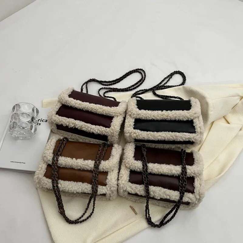 Retro Faux Fur Lambswool Handbag Women Designer PU Leather Messenger Bags Ladies Tote Purses Chain Shoulder Bag