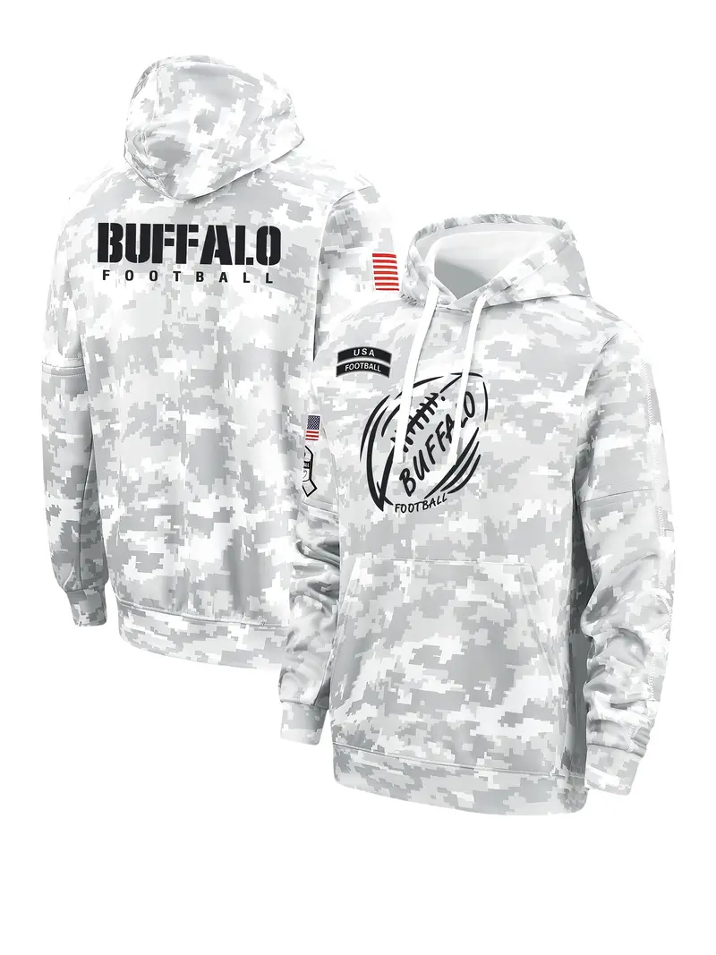 Camouflage Football Hooded Sweatshirt - 100% Polyester, Casual Style, Hooded Collar, Slight Stretch Fabric, Alphabet Pattern, Long Regular Sleeve, Fal