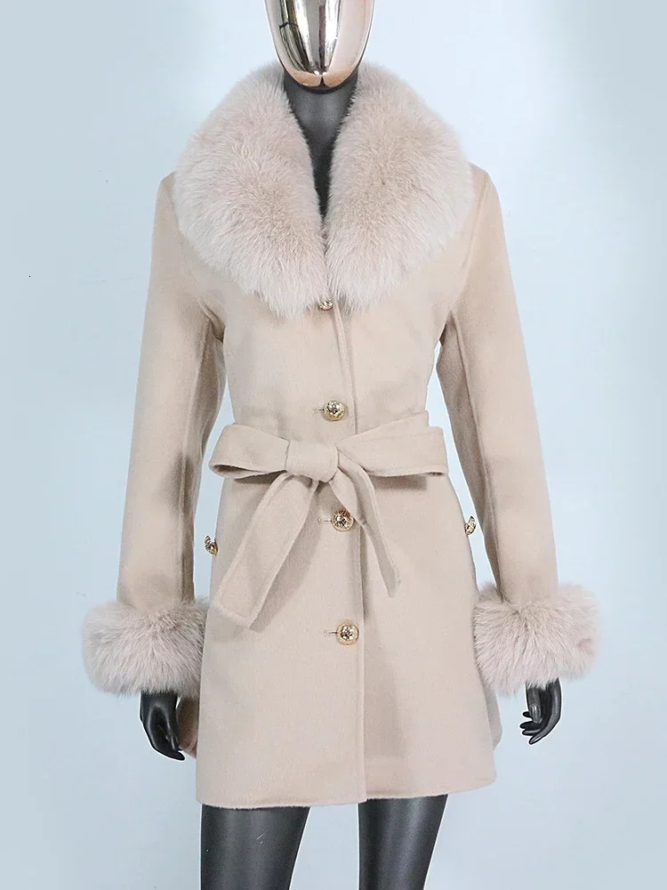 Real Fur Coat Natural Collar 2024 Winter Jacket Women Cuffs Belt Cashmere Wool Woolen Outerwear Fashion Streetwear 241120