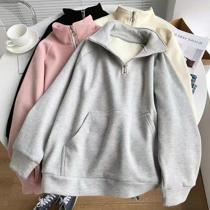 Women's Hoodies Fleece Stand Collar Women Pullover Pure Color Ladies Half Zipper Loose Winter Pocket Fashion Long Sleeves Sweatshirts