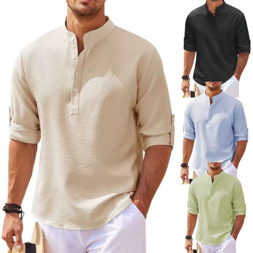 European And American Men's Shirt Long Sleeved Stand Up Collar Open Button Pineapple Plaid Casual Top Wholesale B2