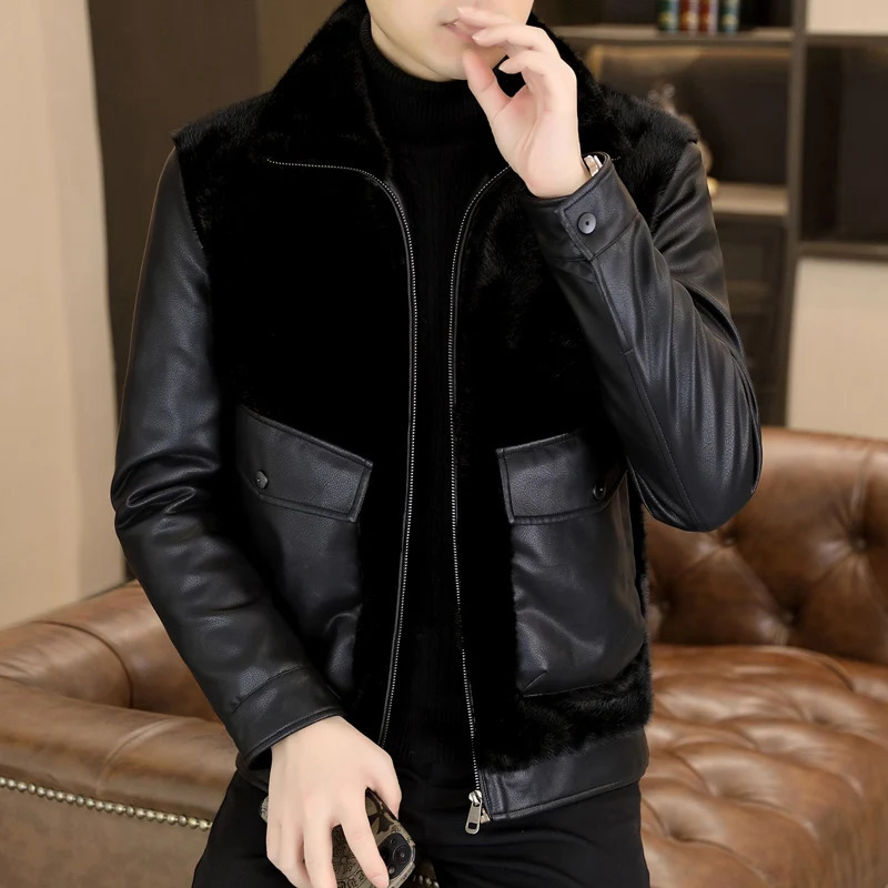 Autumn Winter Leather Fur Integrated Jackets Men Korean Casual Business Overcoat Thickened Warm Faux Fur Social Windproof Coats 241125