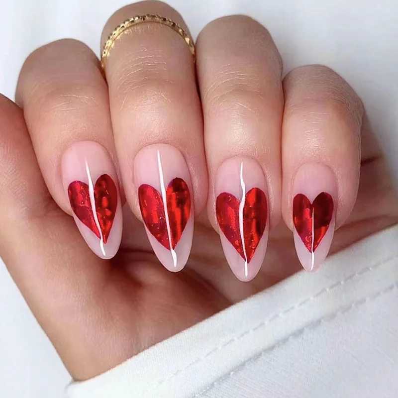 24pcs almond fake nails long French fake nails wearable leaf design nail round head on press fully covered nail tip completedW241125