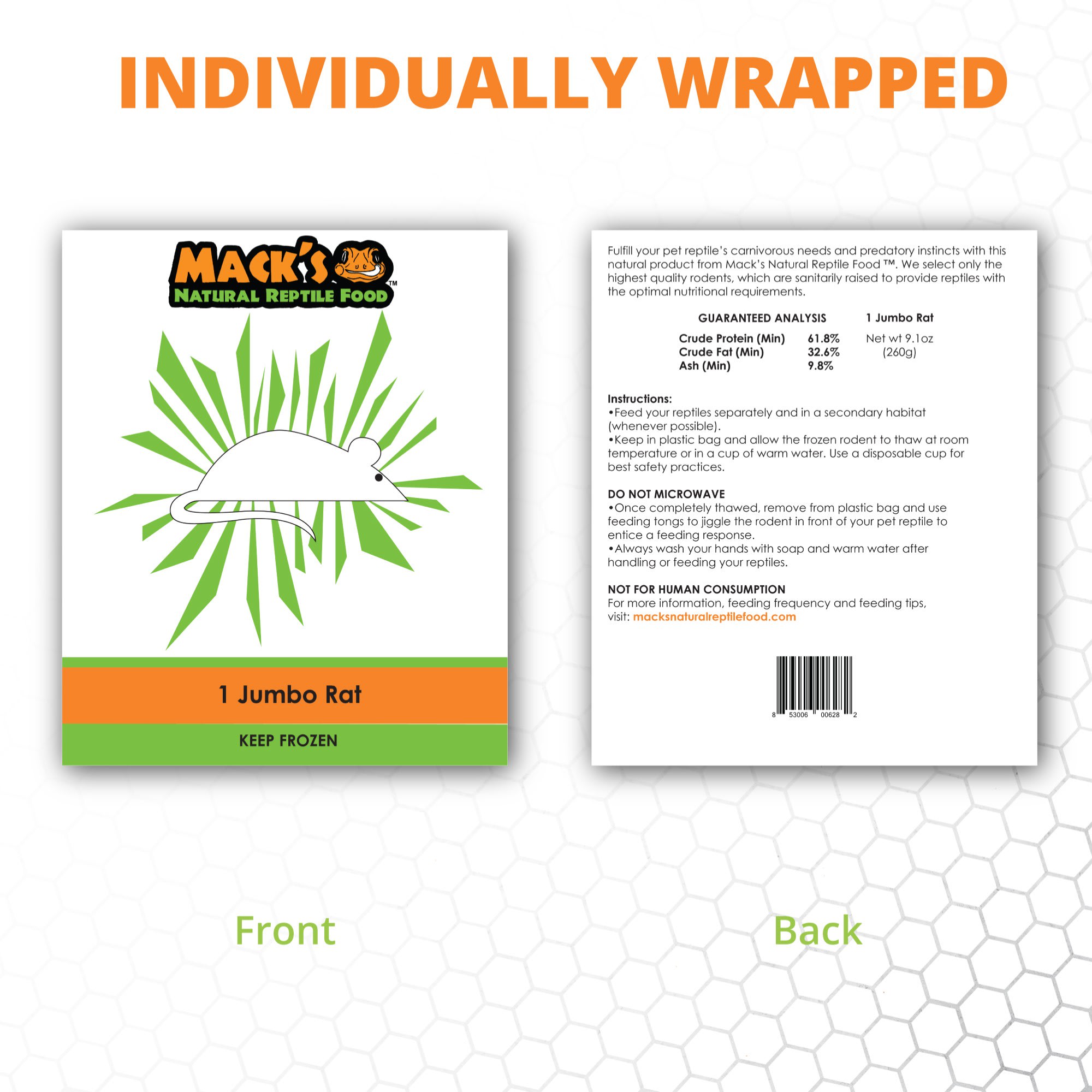 Mack's Natural Reptile Food Frozen Jumbo Rat - 6ct
