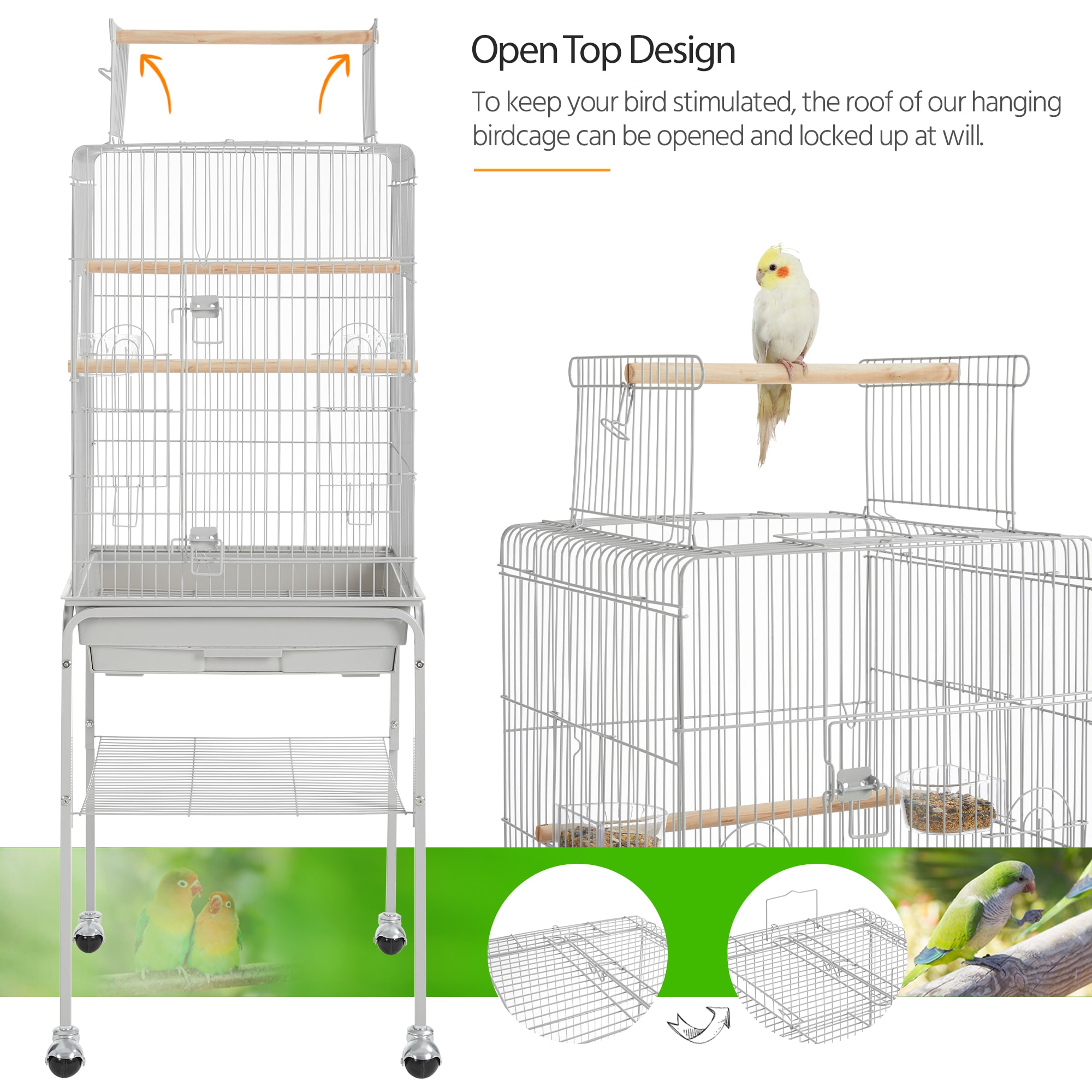 Topeakmart Light Gray Metal Bird Cage with Detachable Rolling Stand for Small Birds, 47" H
