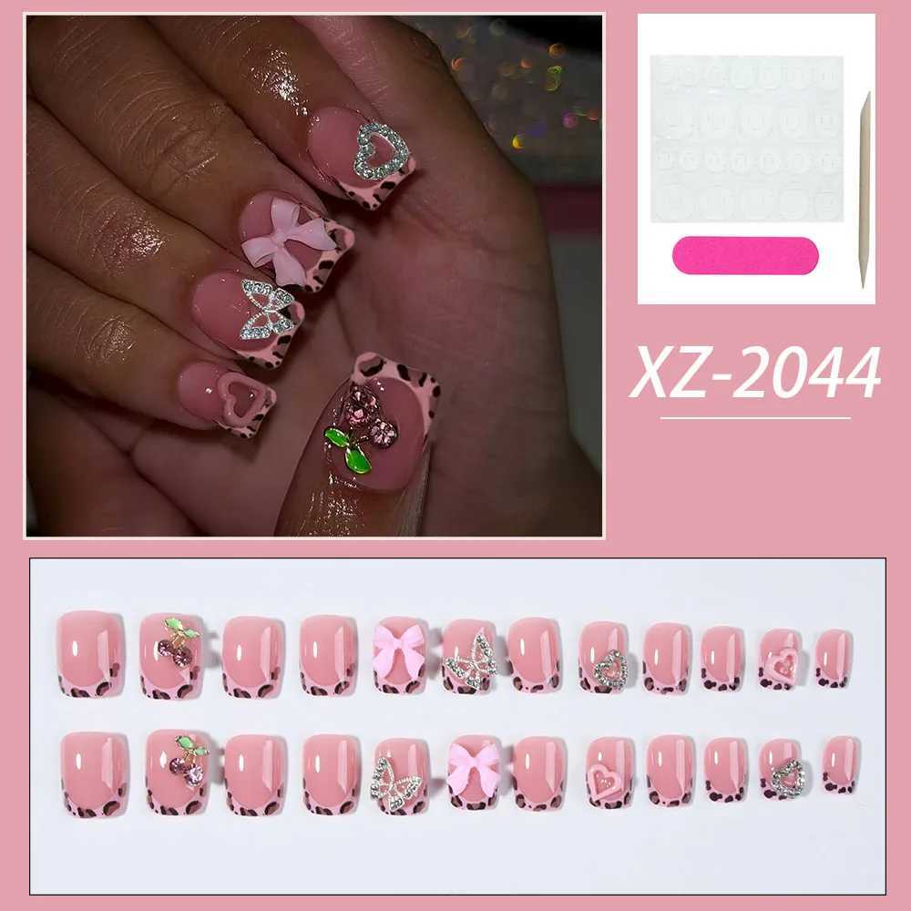 24 pieces of short oval shaped Love Cherry 3D butterfly leopard printed fake nails detachable pressure nails bright facial fake nails fully coveredW24