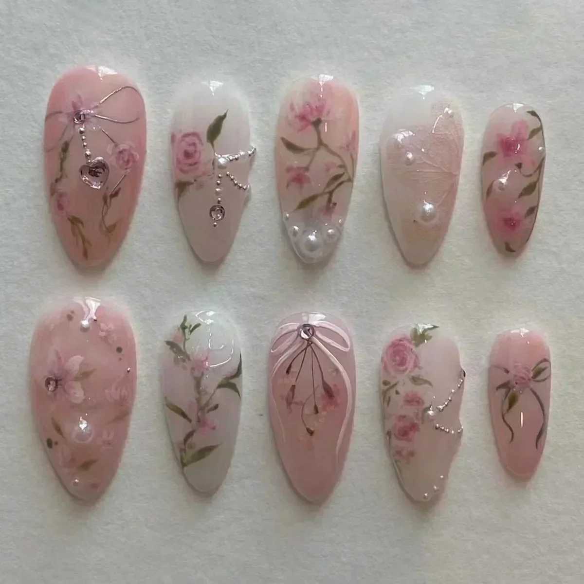 24 pieces of pink almond fake nail butterfly ballet designed in France wearable fake nailsW241125