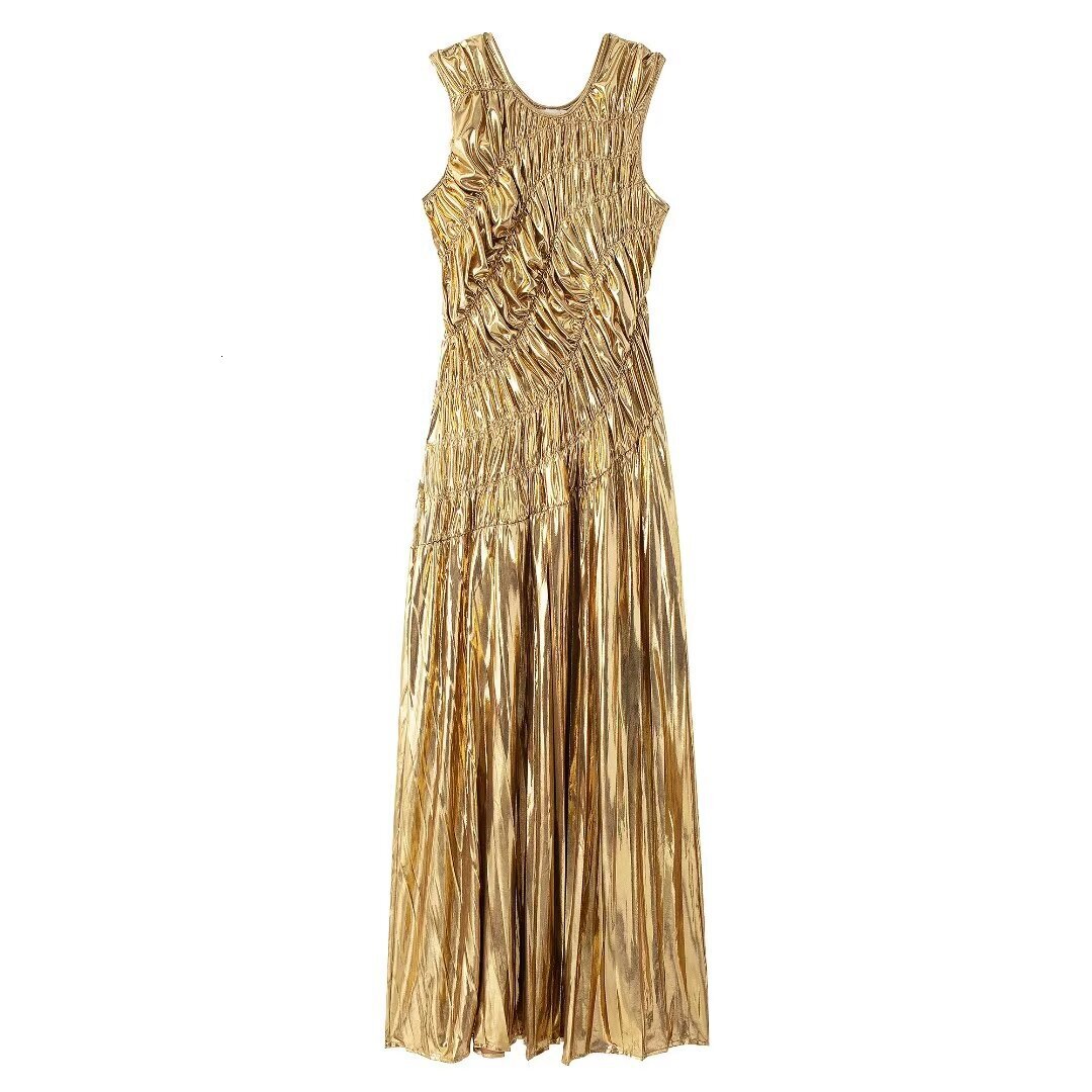 Women's gold pleated long dress with temperament, one-piece long dress