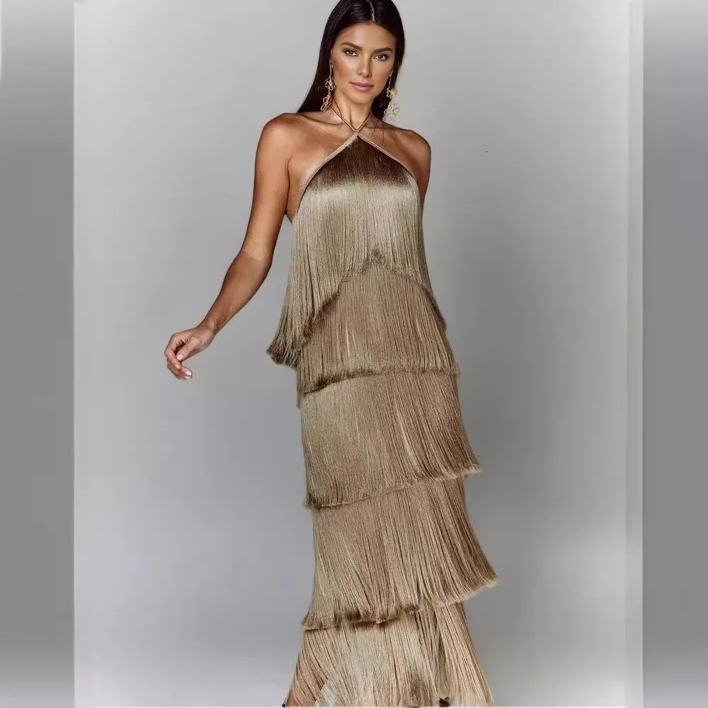 Fashion Neck Fringed Backless Slit Dress for Women 241112