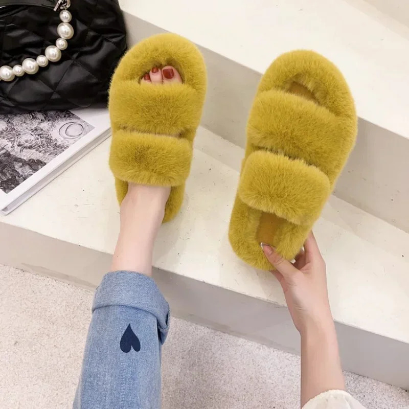 Fashion One Word Thick Fur Slippers Double Fur Slippers Casual Home Cotton Shoes for Women Flat Plush Cross Straps Slippers2024 241125