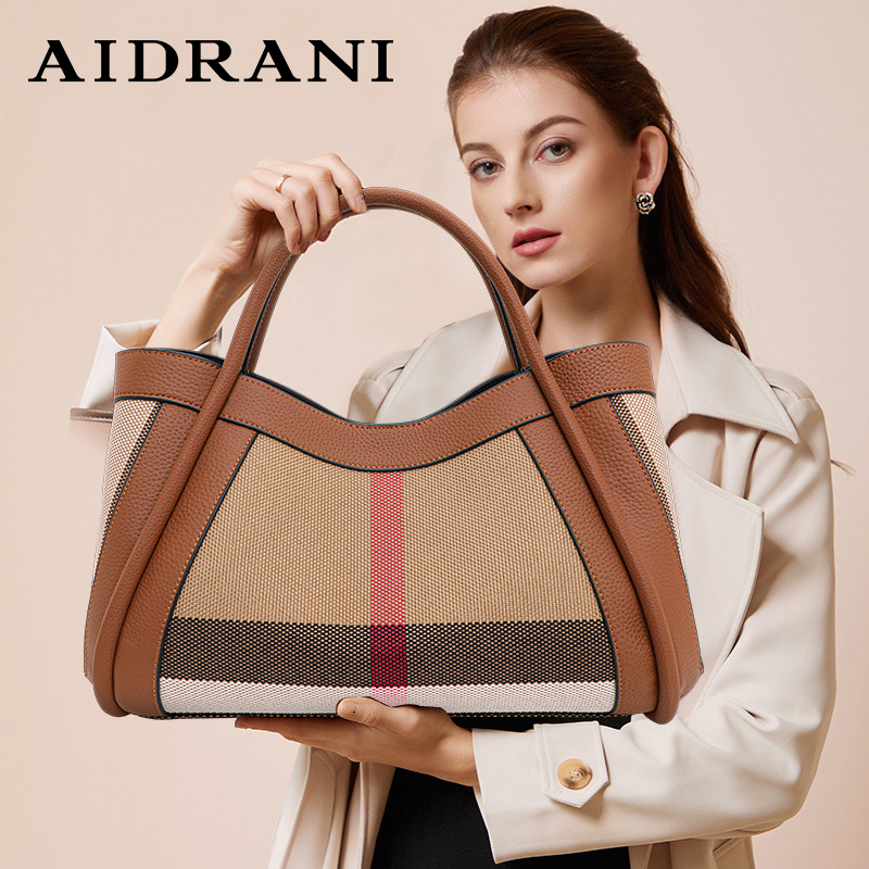 Shoulder Bags Aidrani 2025 New Retro Checkered Womens Designer Handbag Large Capacity Canvas Genuine Leather Bag
