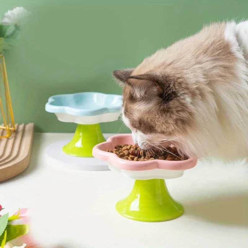 Ceramic Raised Cat Bowl with Flower Design Elevated Neck Protection Ergonomic Durable Cutlery for Food Water Cute Dog BowlXJ241125
