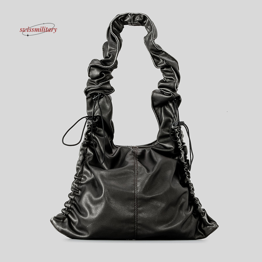 Vintage Ruched Drawsting Women Shoulder Bags Casual Hobos Lady Handbags Pu Leather Underarm Bag Y2K Tote Purses 2024#79 swissmilitary